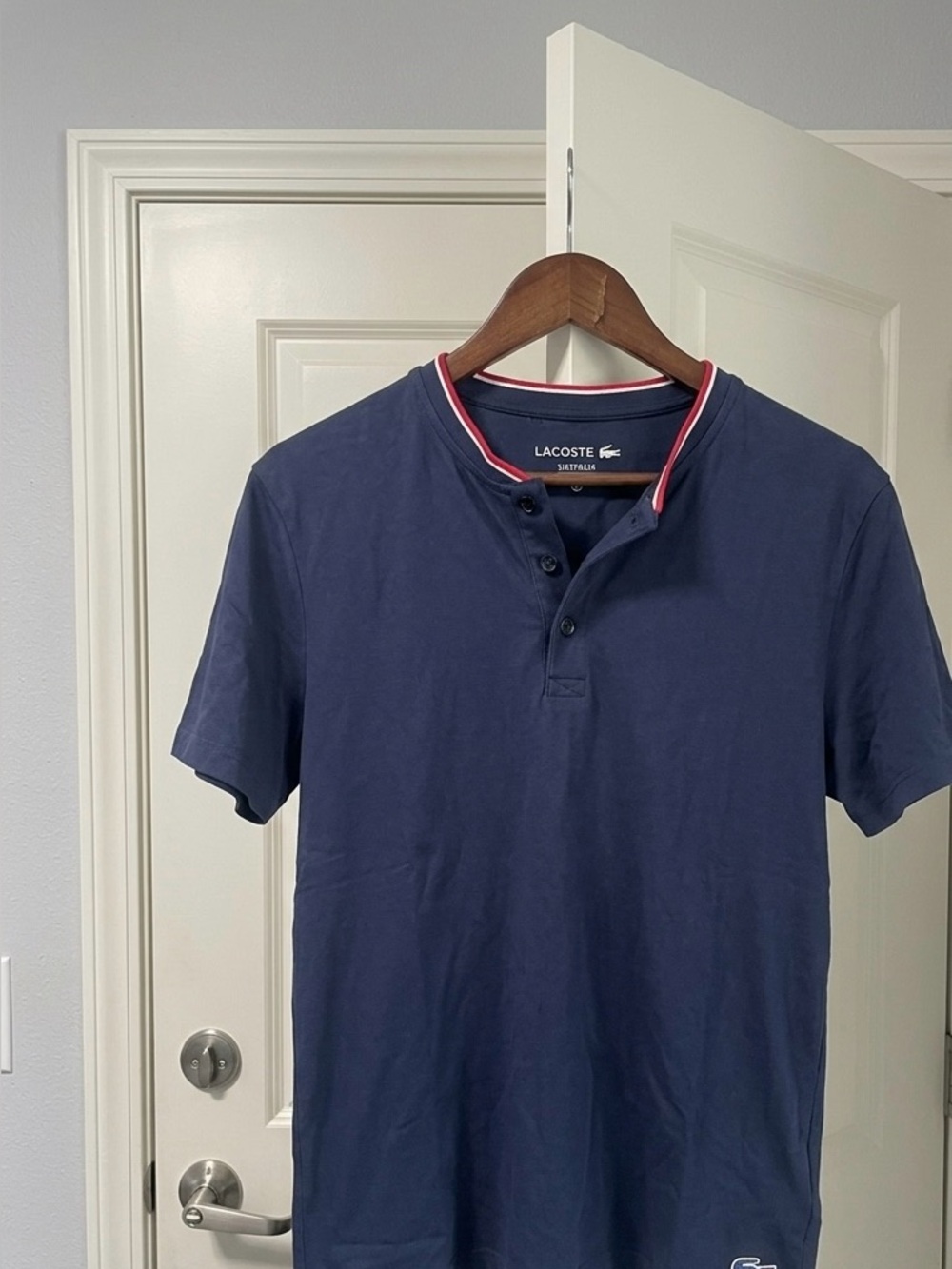 Lacoste Mens Medium Sleepwear Navy Blue Henley Short Sleeve Lounge Pajama Shirt